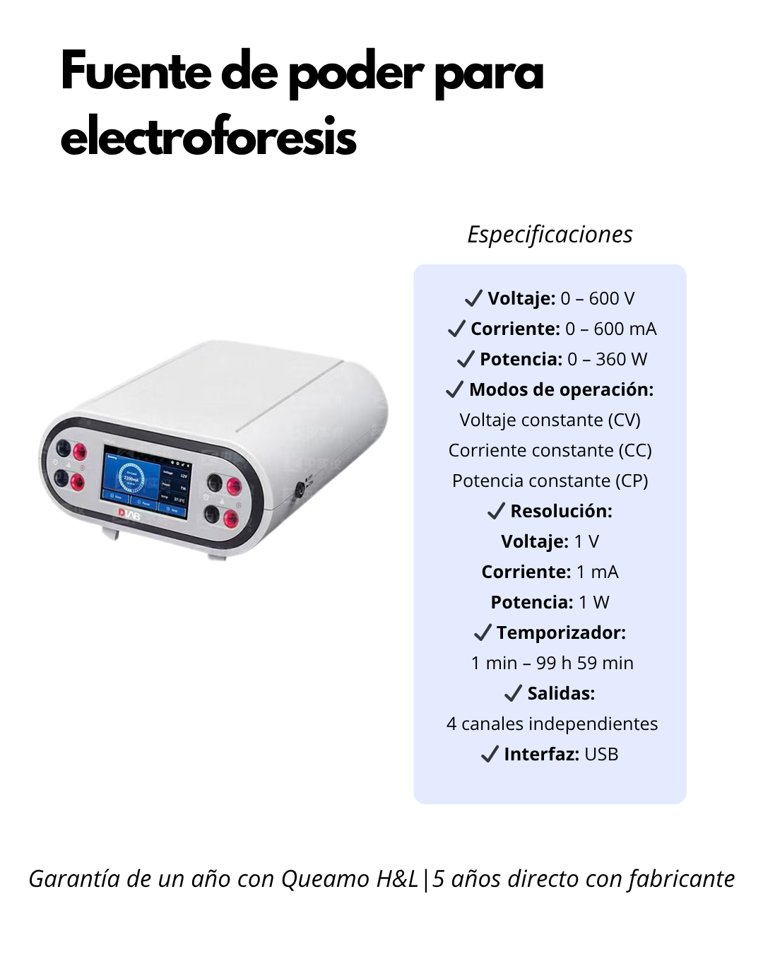Fuente de Poder para Electroforesis 0–600V | 4 Salidas Independientes | Pantalla Táctil LCD | Alta Precisión CV/CC/CP