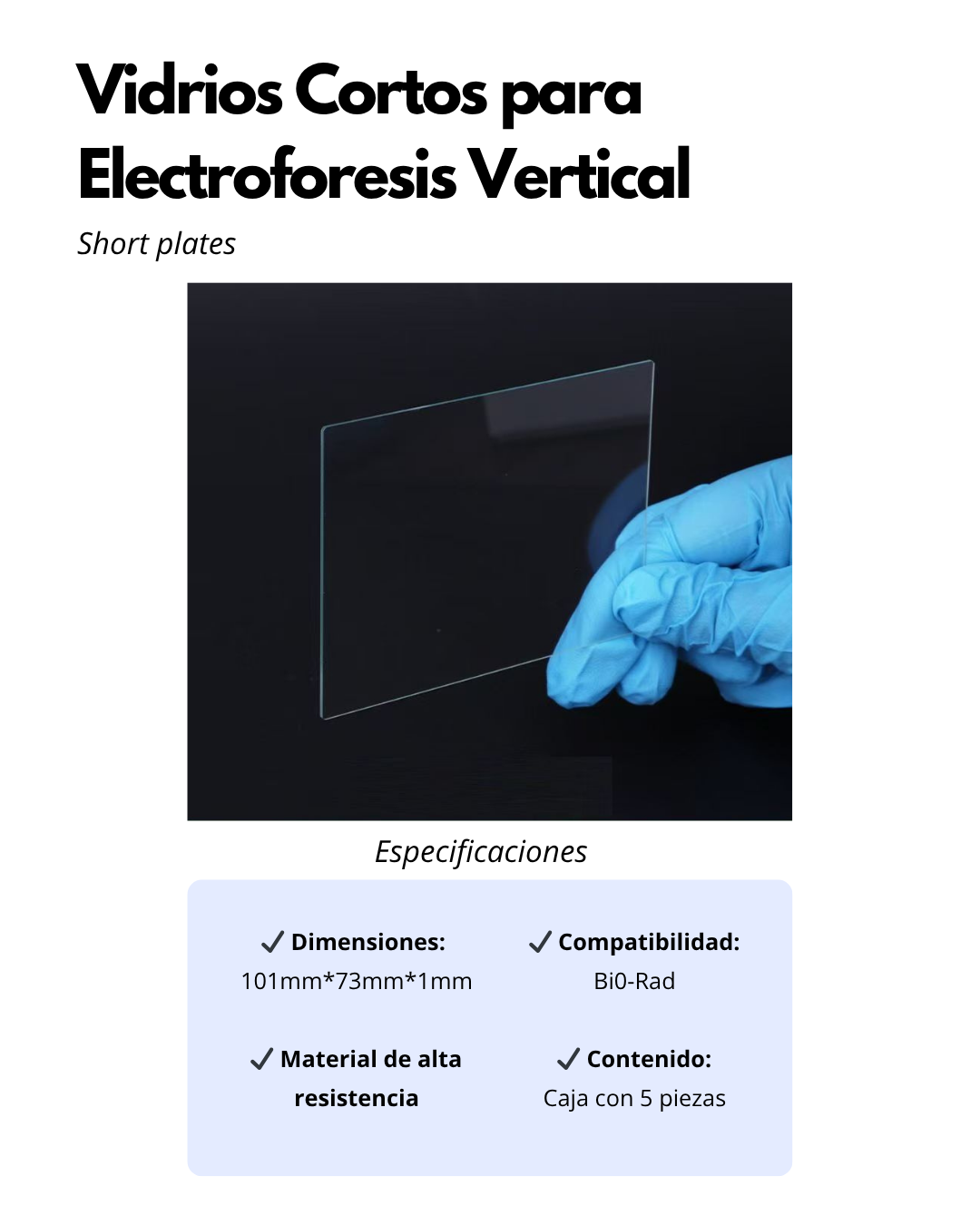 Placas de Vidrio Cortas para Electroforesis Vertical | Short Plates | 101×73 mm | Pack 5 pzas Imagen principal del producto
