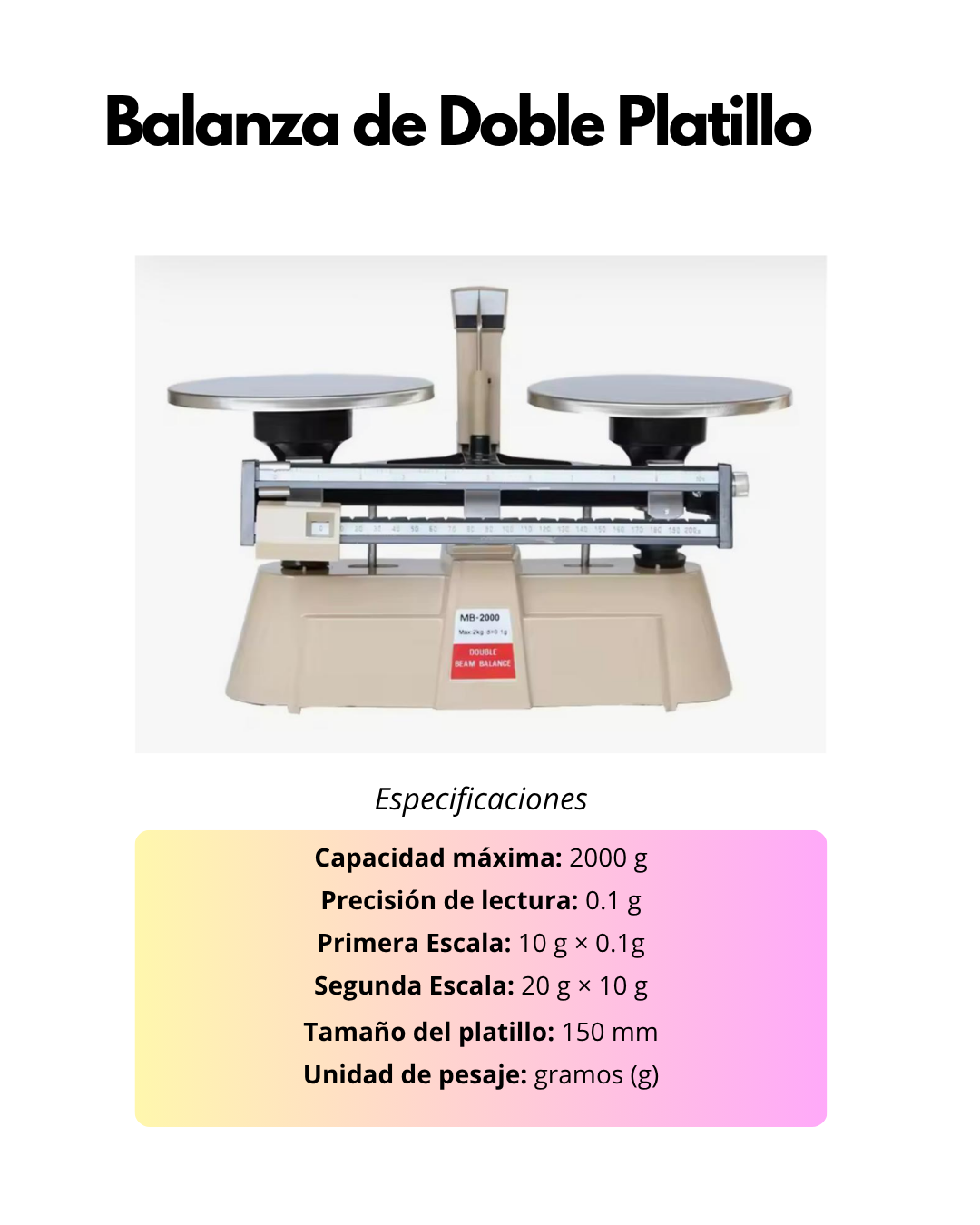 Balanza de Doble Platillo 2000 g | Precisión 0.1 g | Doble Escala | Platillos de Acero | Uso Educativo y Laboratorio Imagen principal del producto