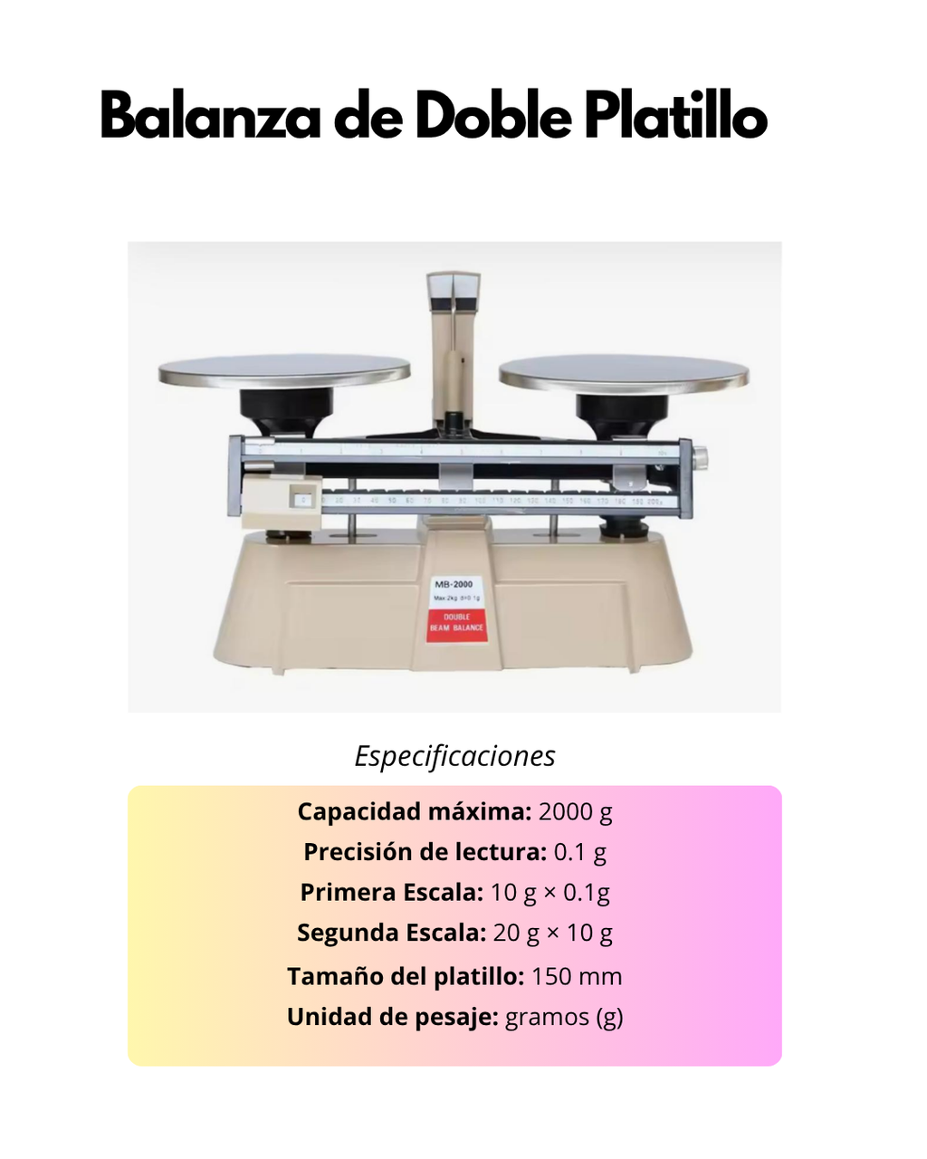 Balanza de Doble Platillo 2000 g | Precisión 0.1 g | Doble Escala | Platillos de Acero | Uso Educativo y Laboratorio