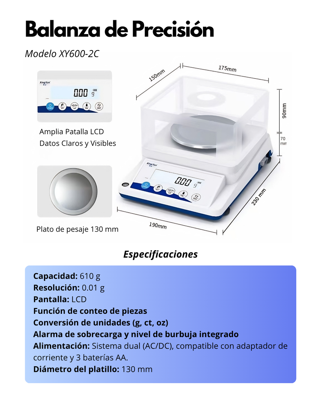 Balanza de Precisión Digital 610 g x 0.01 g con Pantalla LCD | XY600-2C