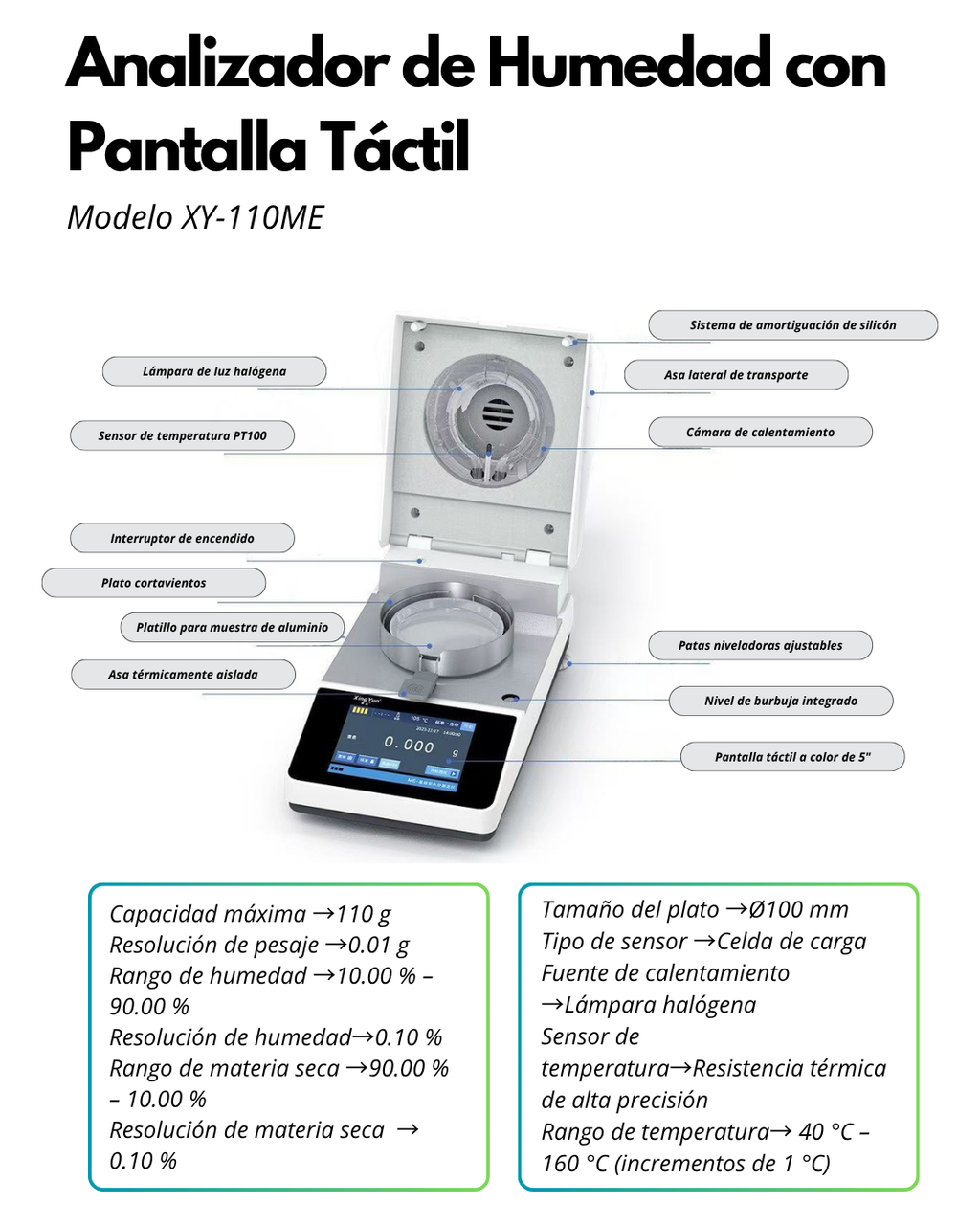 Analizador de Humedad Digital 110 g con Pantalla Táctil y Calentamiento Halógeno | XY-110ME