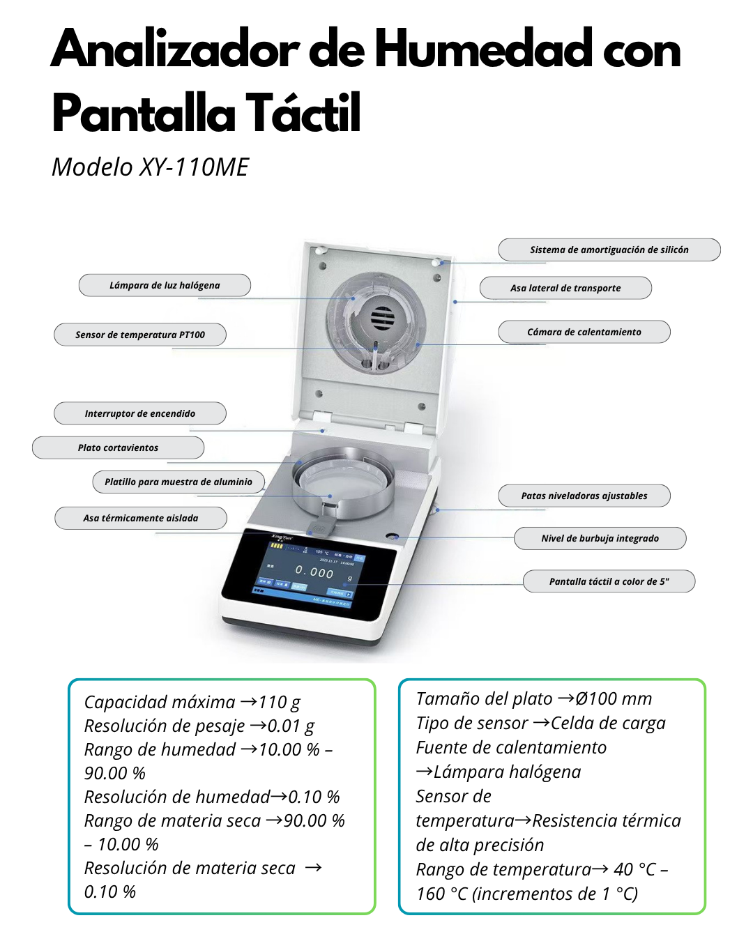 Analizador de Humedad Digital 110 g con Pantalla Táctil y Calentamiento Halógeno | XY-110ME