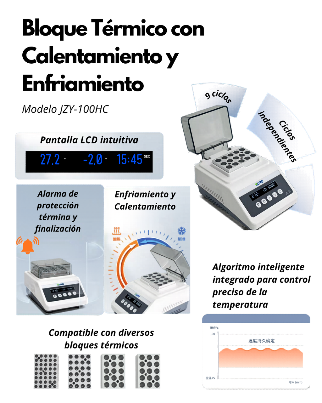Bloque Térmico con Calentamiento y Enfriamiento para PCR y Laboratorio | JZY-100HC