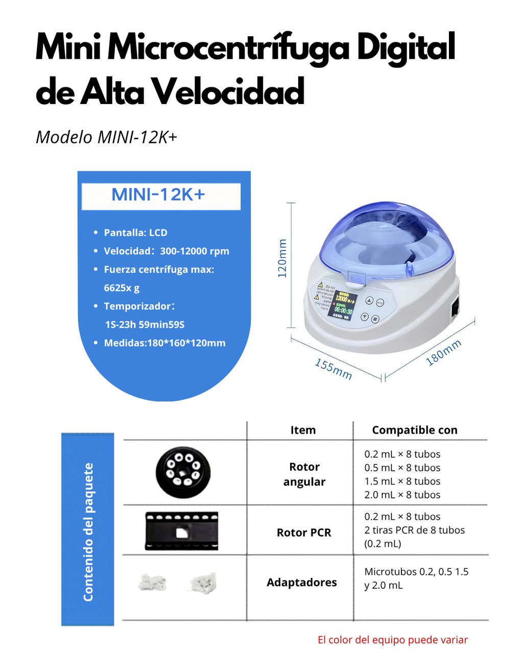 Mini Microcentrífuga Digital 12000 rpm para PCR y Laboratorio