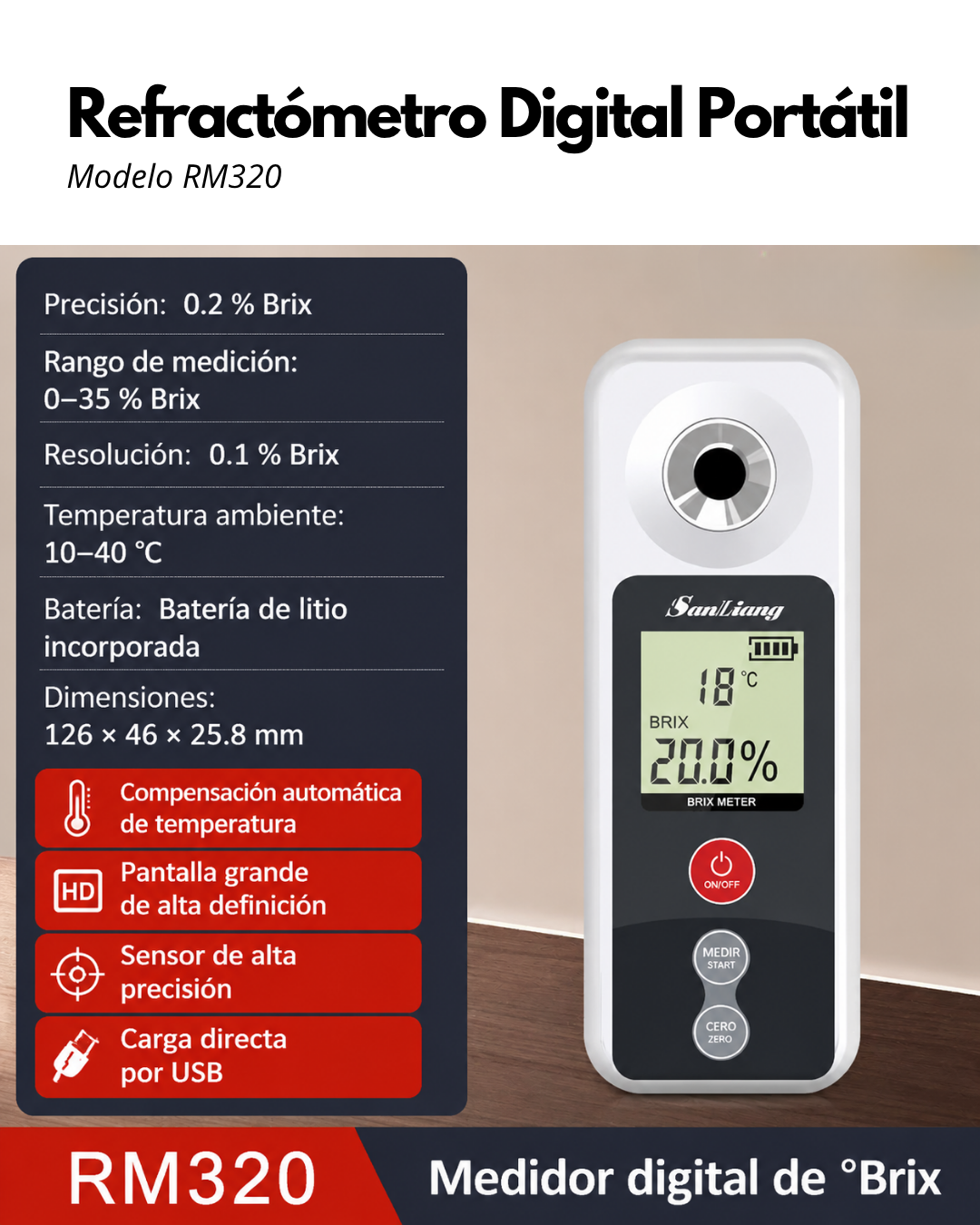 Refractómetro Digital Portátil RM320 | Medidor de Brix 0-35% con Compensación Automática de Temperatura