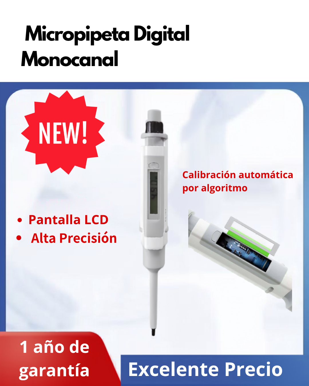 Micropipeta Digital Monocanal | Alta Precisión con Pantalla LCD y USB