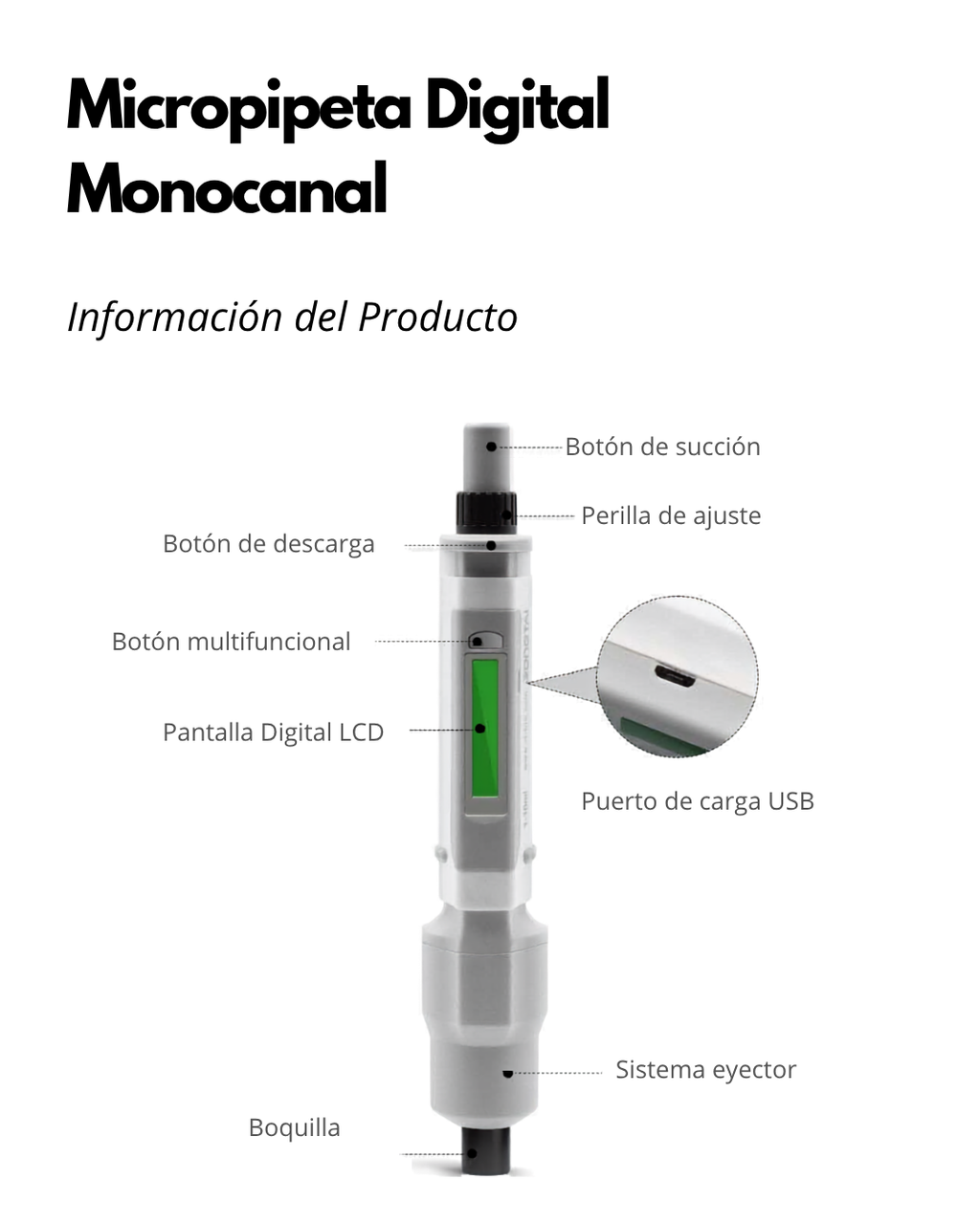 Micropipeta Digital Monocanal | Alta Precisión con Pantalla LCD y USB