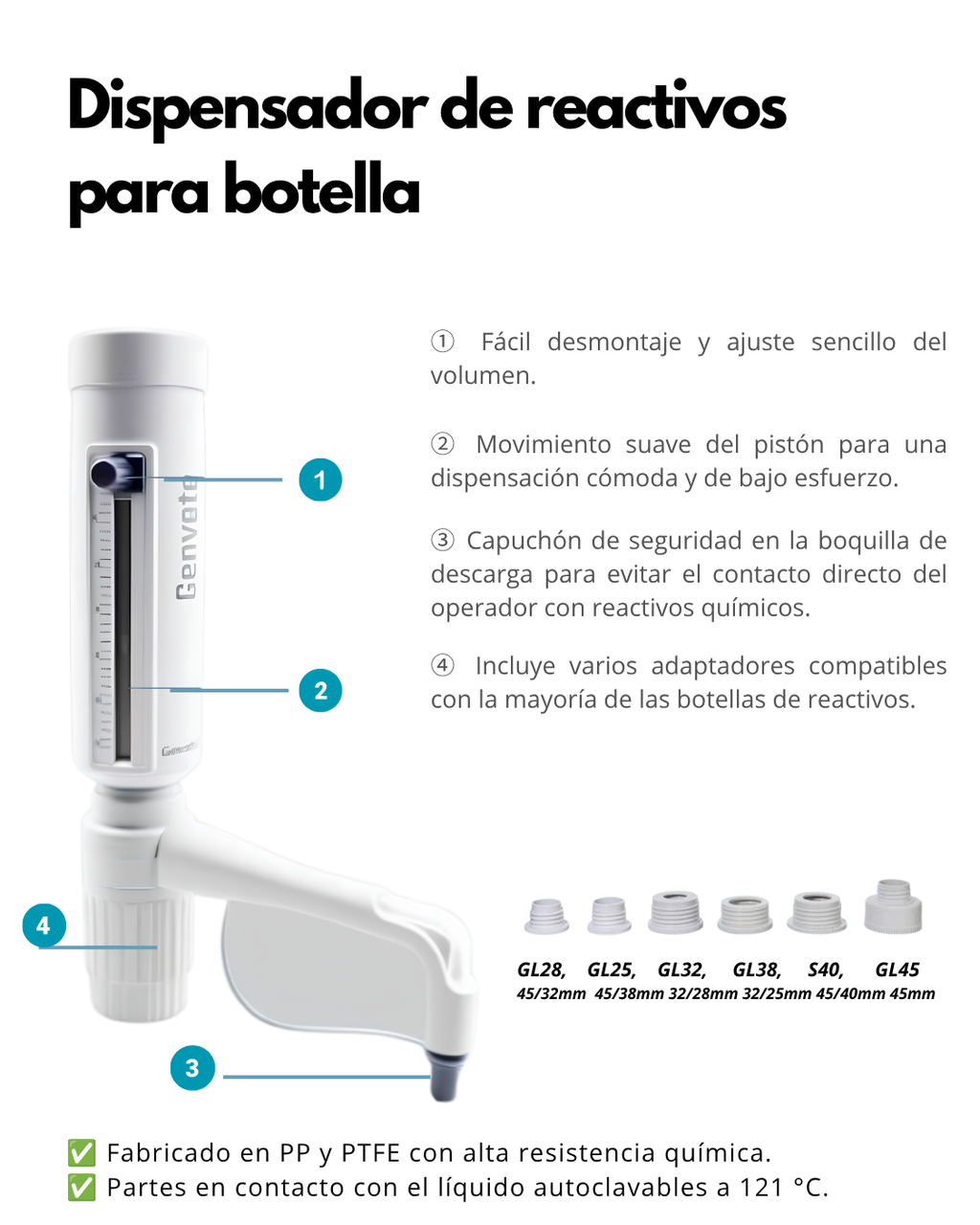 Dispensador de Reactivos para Botella | Compatible con GL28, GL32, GL38, S40 y GL45