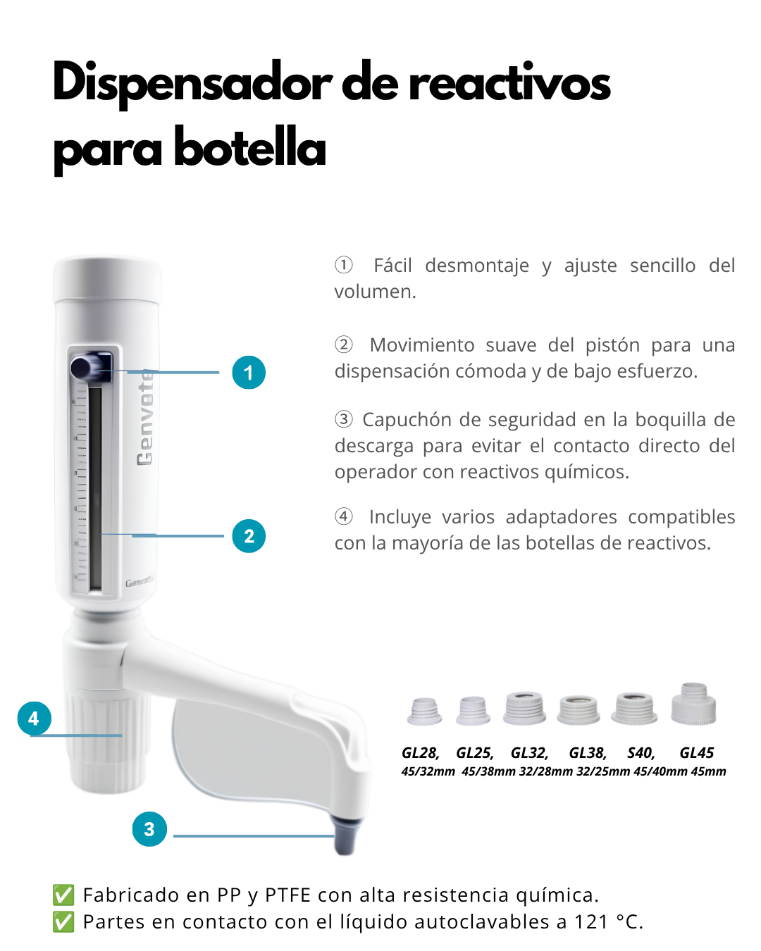 Dispensador de Reactivos para Botella | Compatible con GL28, GL32, GL38, S40 y GL45