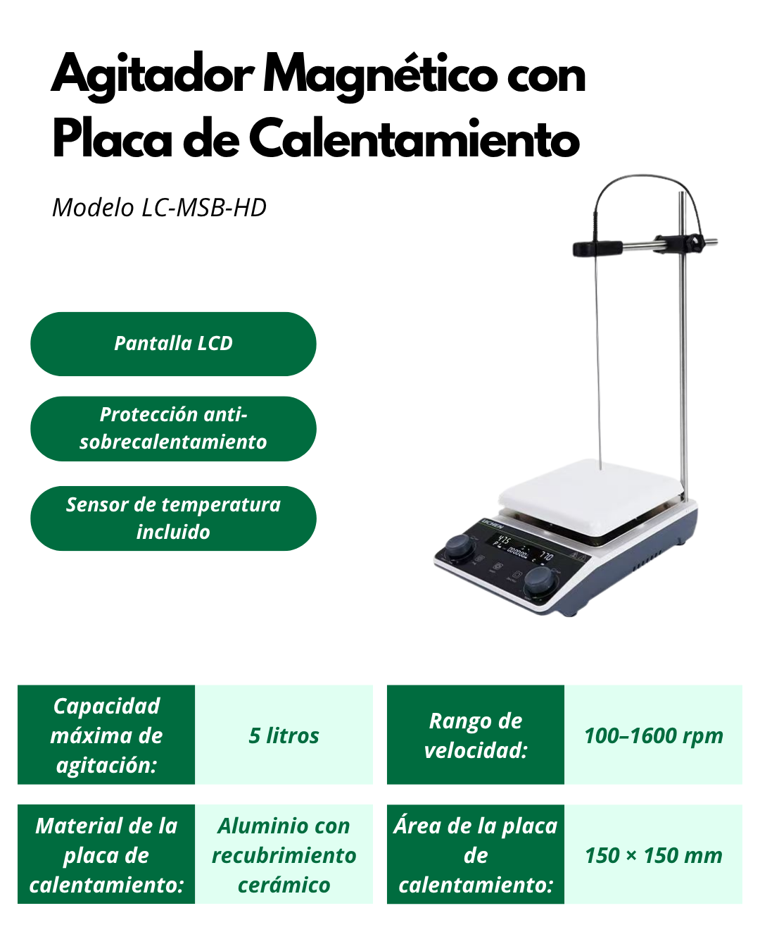 Agitador Magnético con Placa de Calentamiento LC-MSB-HD | 5 L, 300 °C y Sensor Pt1000