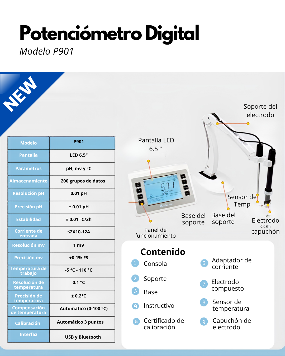 Potenciómetro Digital P901 | Medidor de pH, ORP (mV) y Temperatura con Bluetooth